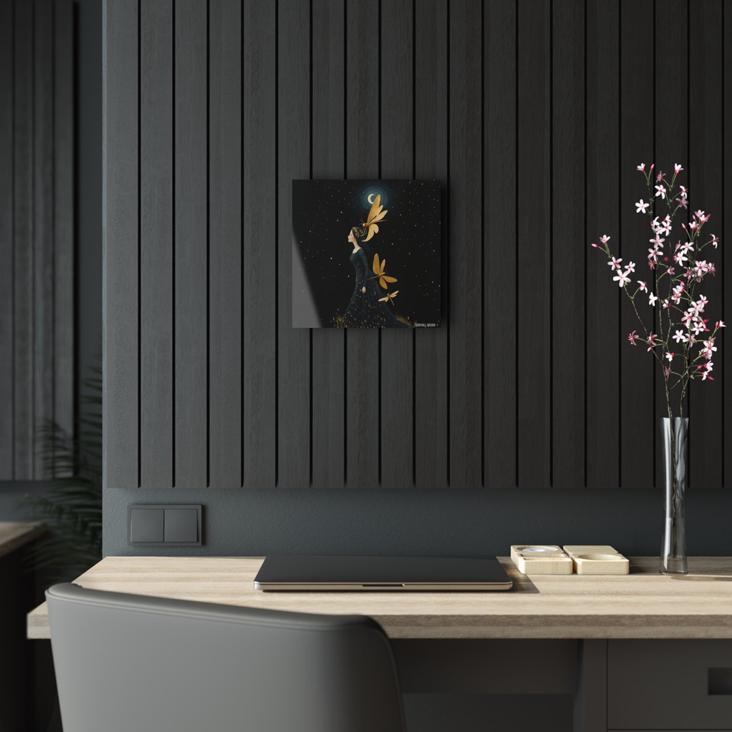 Art Acrylic Prints - Midnight Girl with Golden Dragonflies