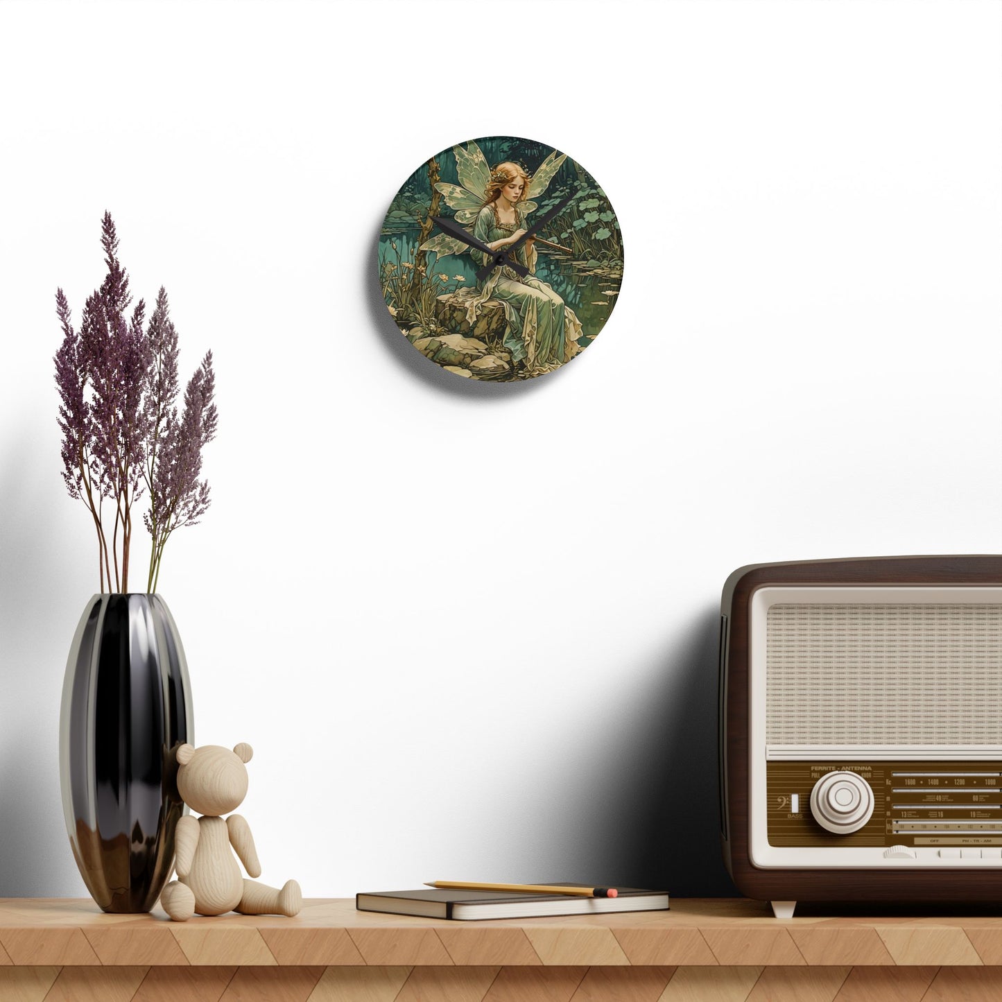 Acrylic Wall Clock - Mystical Fairy Nymph Playing Flute