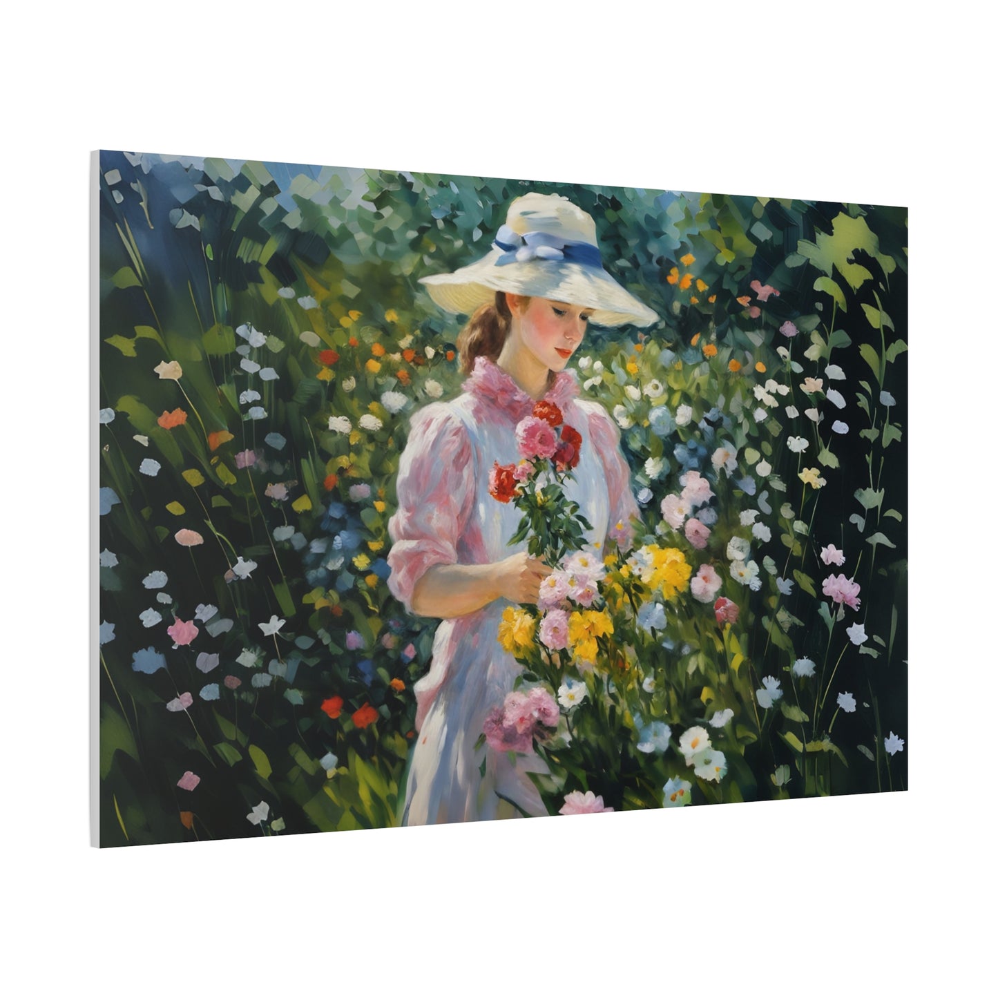Canvas Art - Monet Style Floral Serenity with Elegant Woman and Flower Basket, Stretched Matte 1 25"