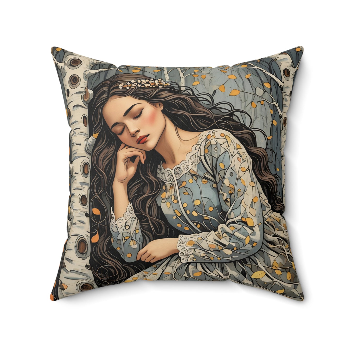 Square Pillow - Sleeping Beauty of the Birch Forest Fairy Hill Studio Art Design