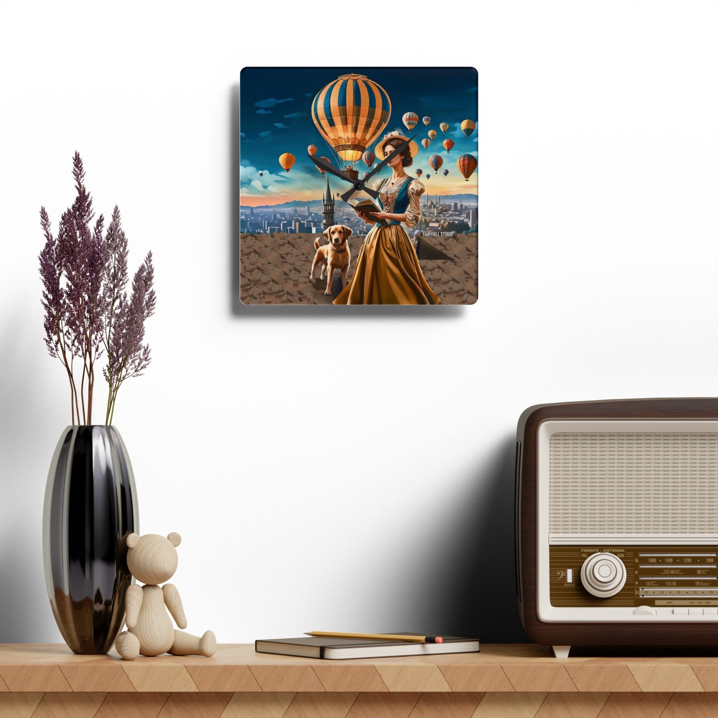 Wall Clock - Hot Air Balloons and Victorian Girl Reading with Dog Design