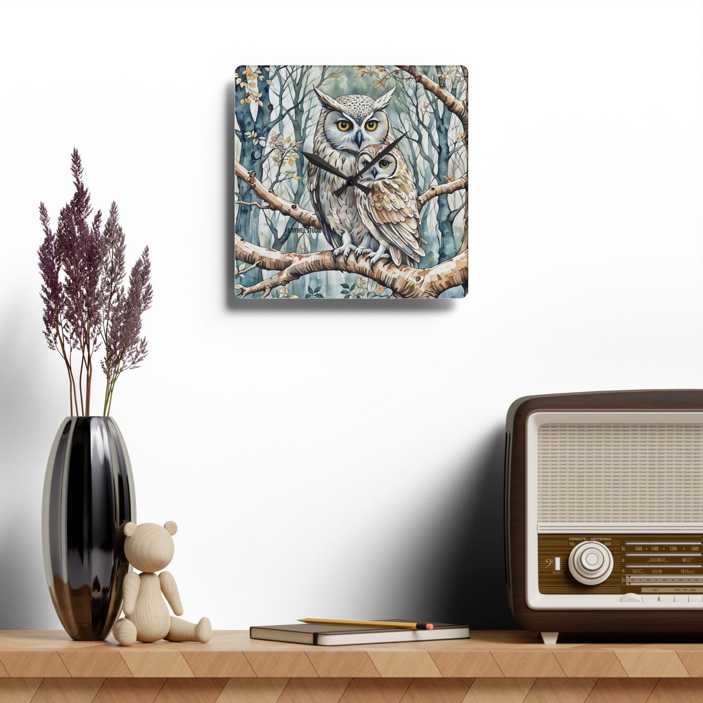 Acrylic Wall Clock Owl Family /Art