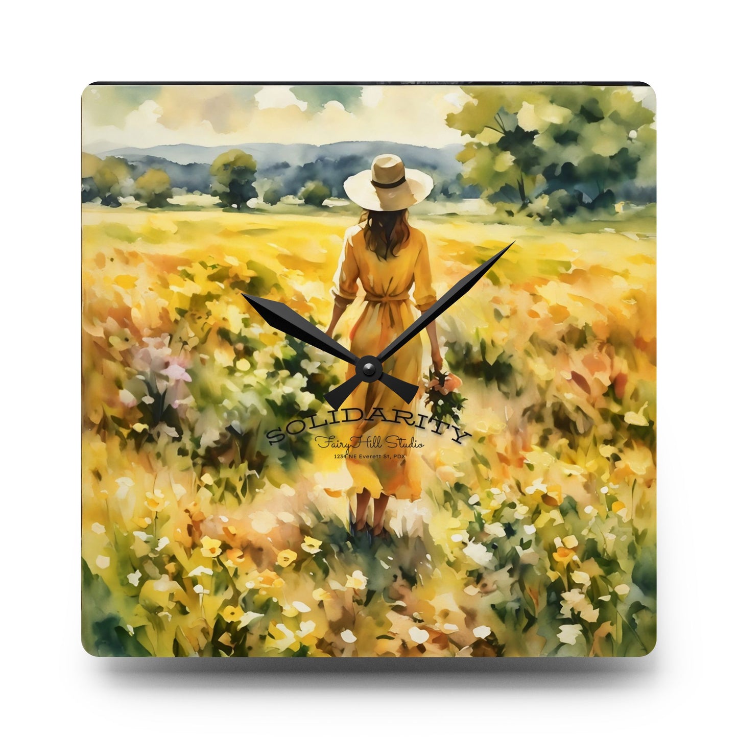 Wall Clock Lady in Yellow Dress Watercolor Art