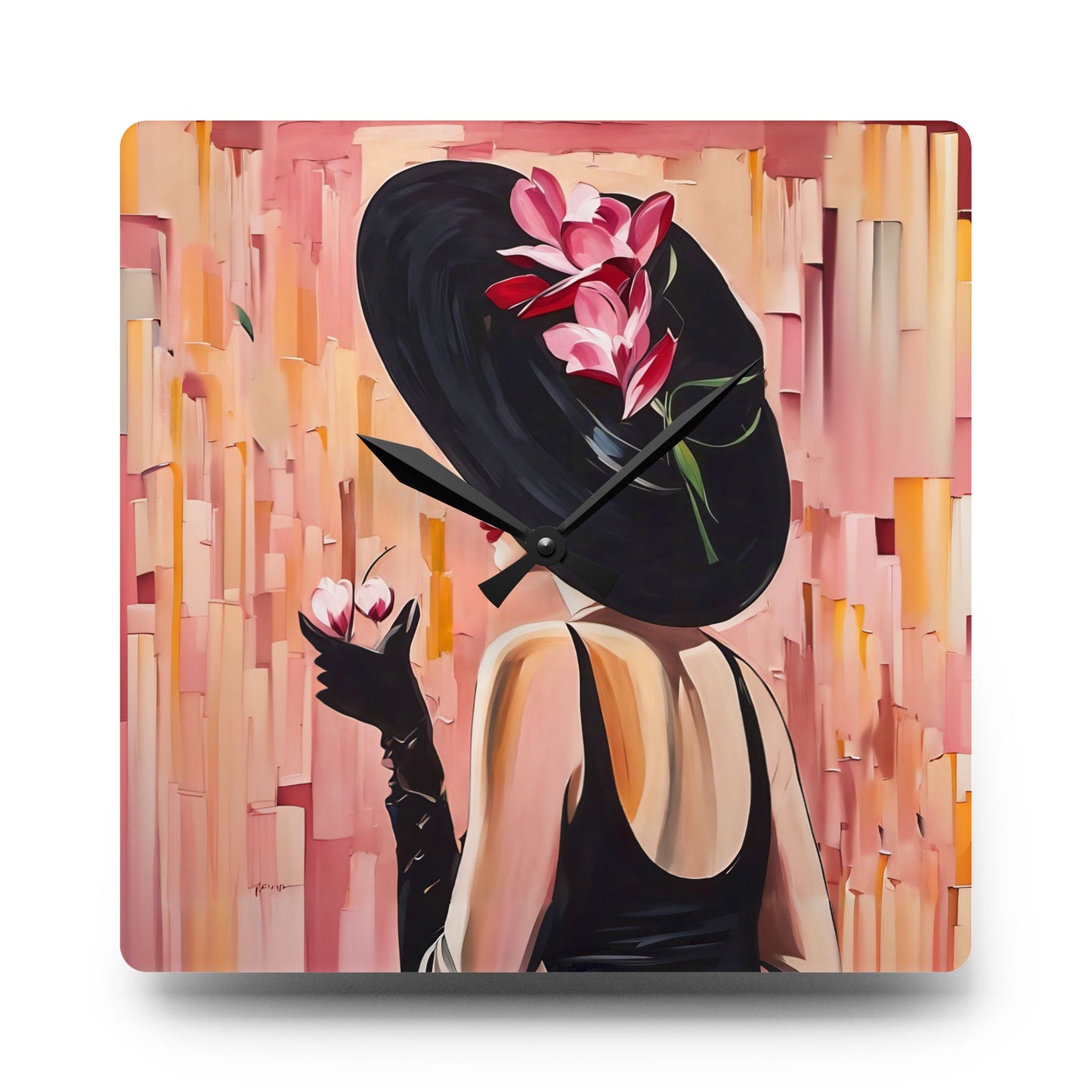 Acrylic Wall Clock Pink and Black Art Lady with Black Hat Marini Glass Fairyhill Studio Design