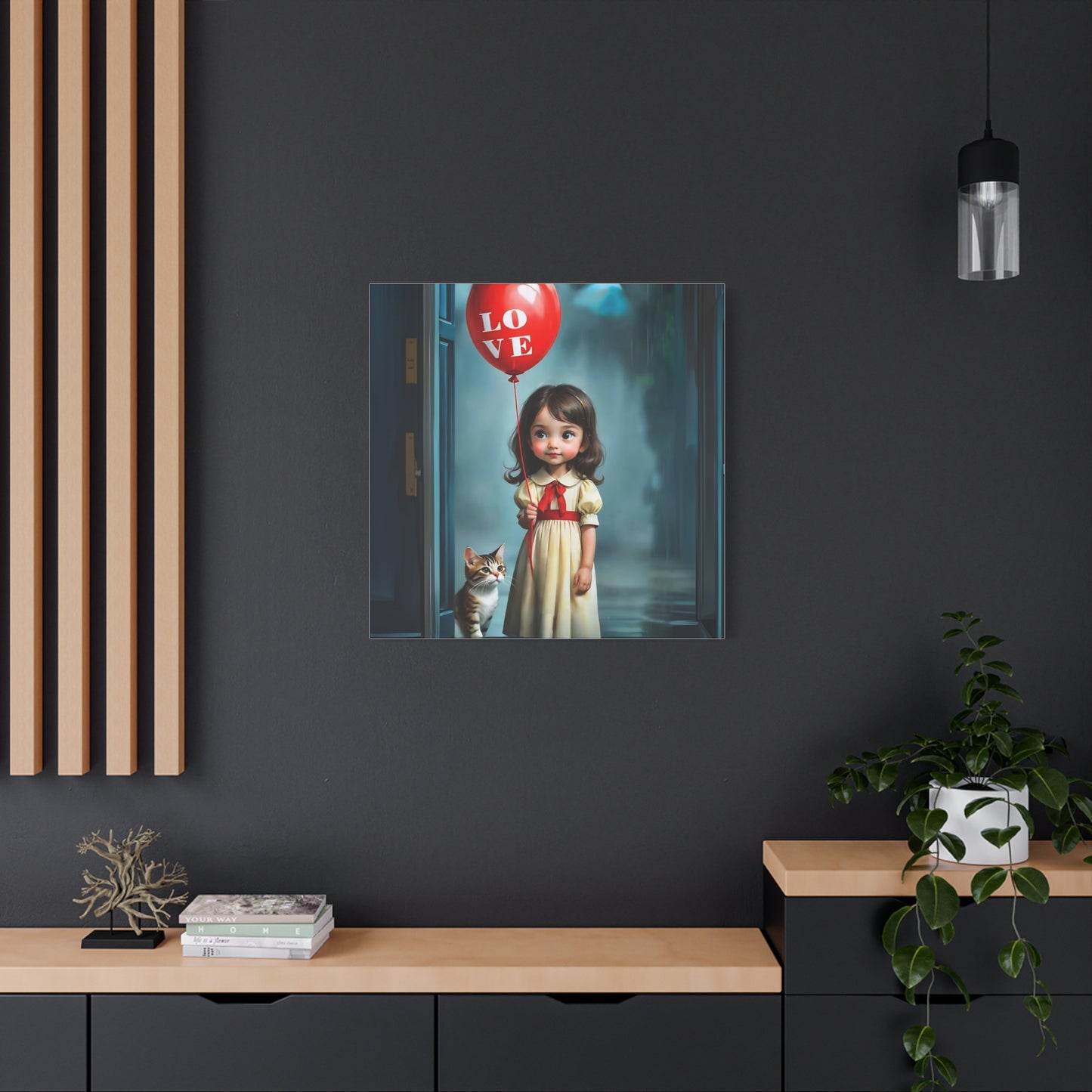 Canvas Print - Cute Girl with Red Love Balloon and Cat Art by Fairyhill Studio