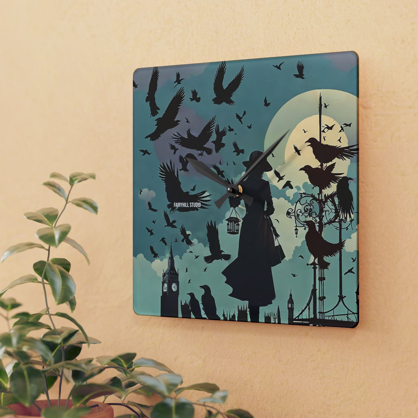 Wall Clock - Lady with Crows in London Alfred Hitchcock Movie The Birds Inspired Design