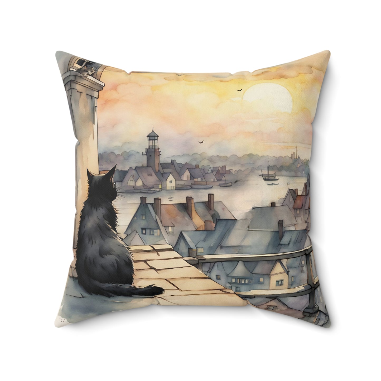 Black cat on a rooftop Square Pillow - by Fairyhill Studio