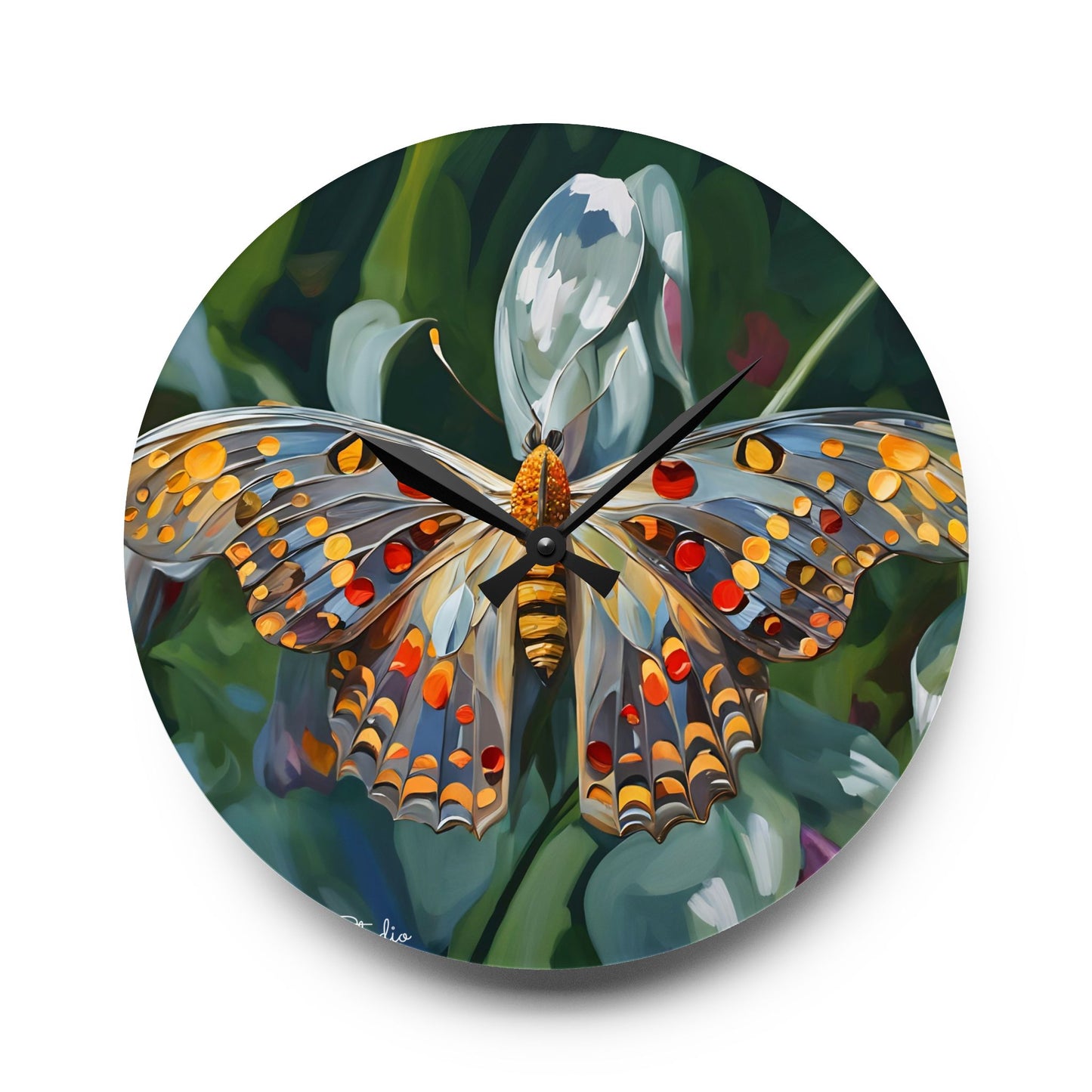 Acrylic Wall Clock - Lovely Butterfly on a Flower Art