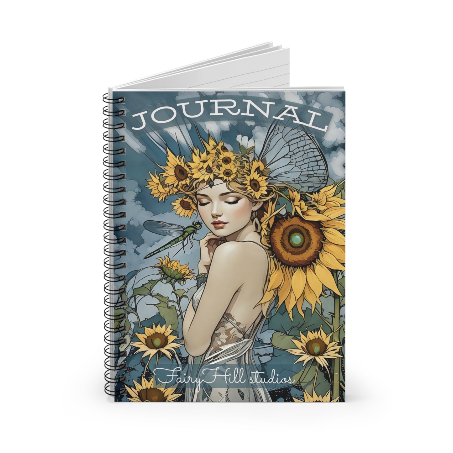 Spiral Notebook a girl with Sunflowers /FairyHill Studio Journal Ruled Line Journal