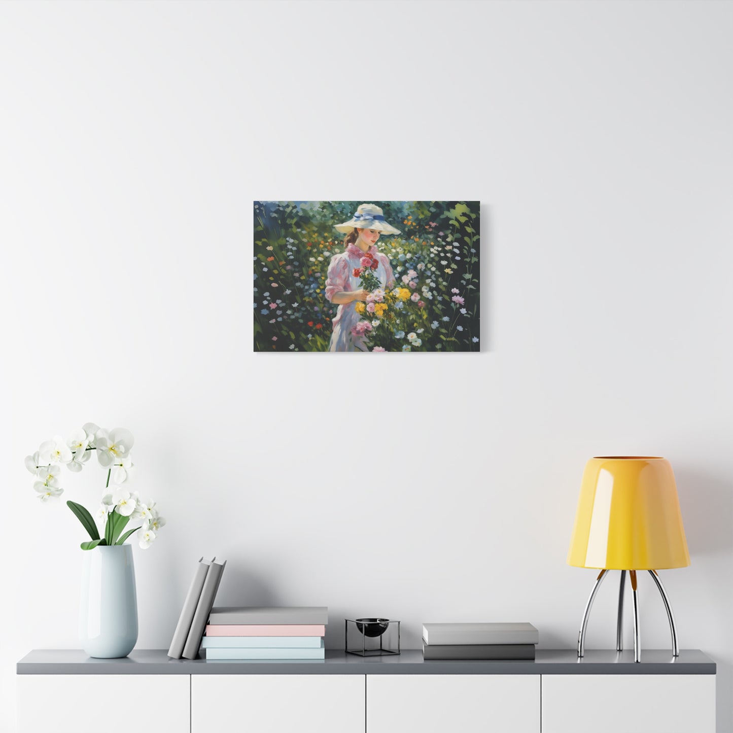 Canvas Art - Monet Style Floral Serenity with Elegant Woman and Flower Basket, Stretched Matte 1 25"