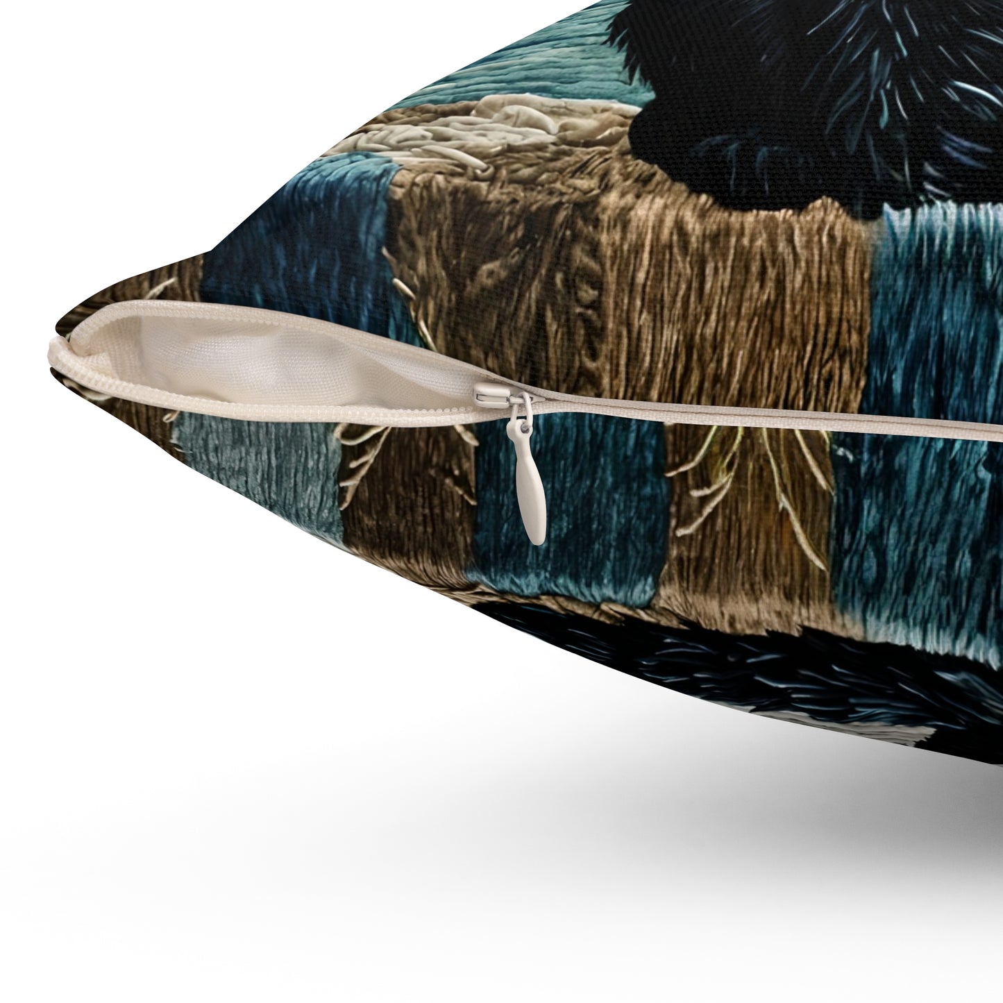 Square Pillow - Cute Black Cat Sitting on Wall Sea View Moonlight Design