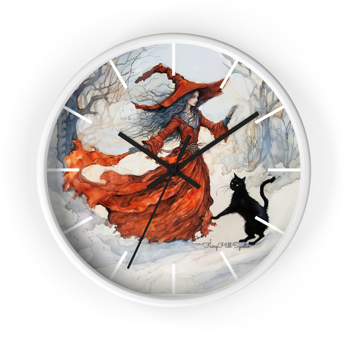 Crimson Witch with black cat Wall Clock, Boho Home Decor, Cat Lover Gift, Cozy Living Room Accessory, Unique Cat Artwork