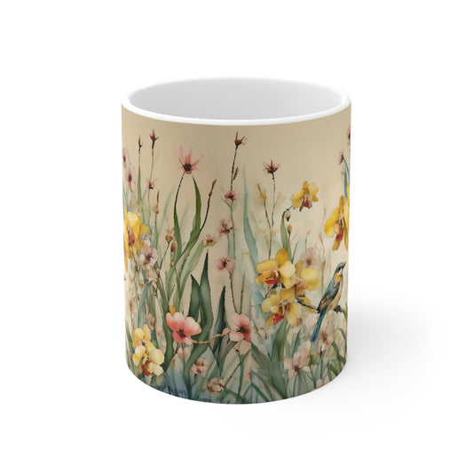 Mug 11oz Blue Bird Yellow Wildflowers Art by Fairyhill Studio Ceramic Cup