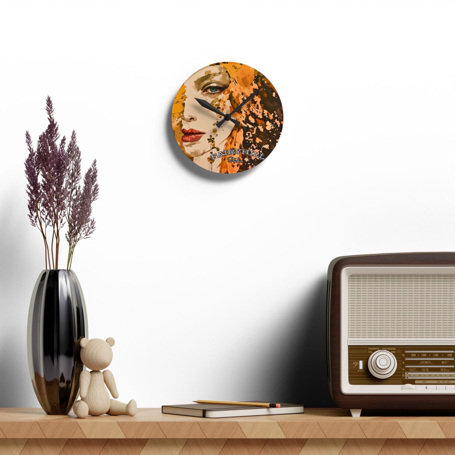 Wall Clock - Golden Dreams Art by Fairyhill Studio featuring Woman in Golden Tones