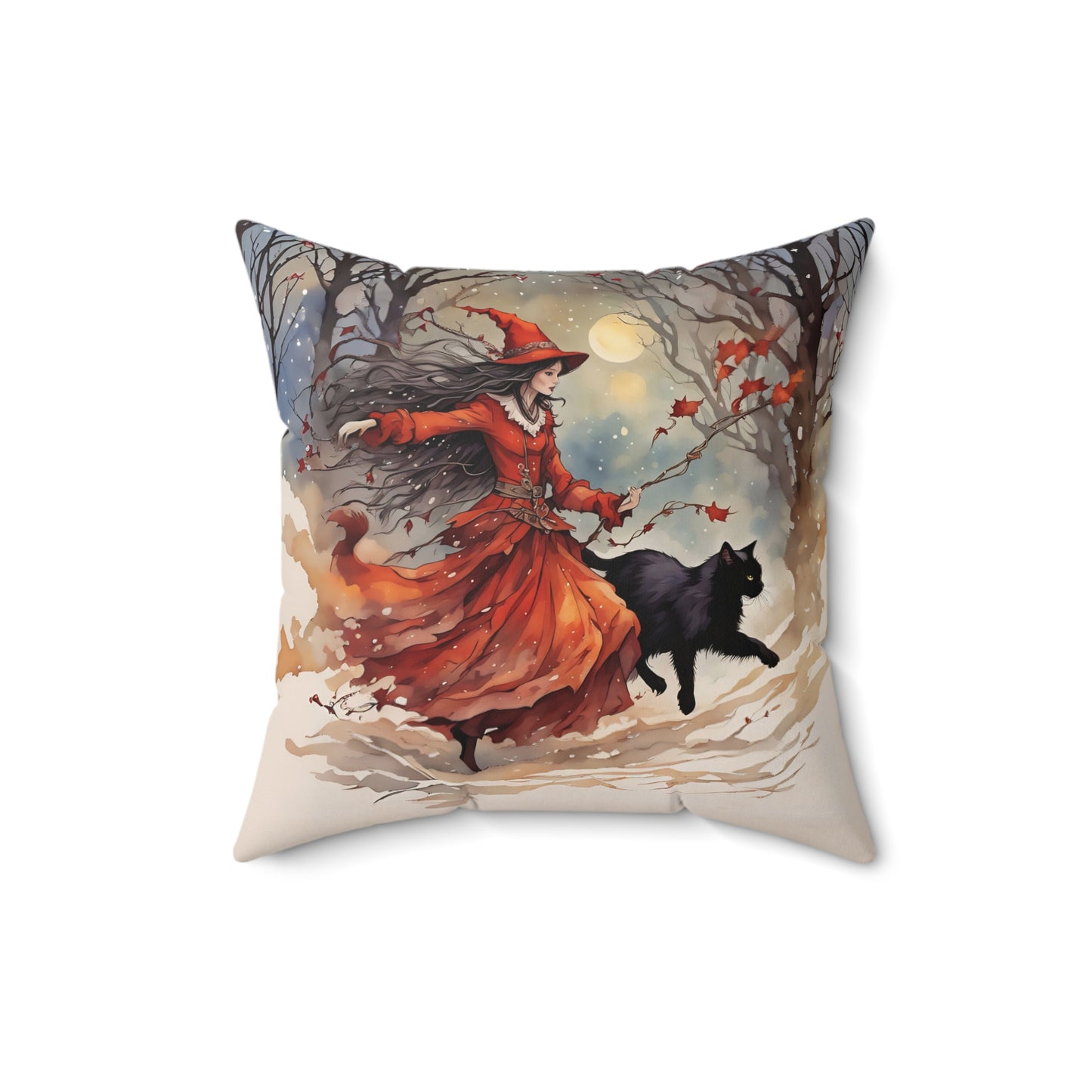 Crimson witch with black cat pillow Square Pillow - by Fairyhill Studio