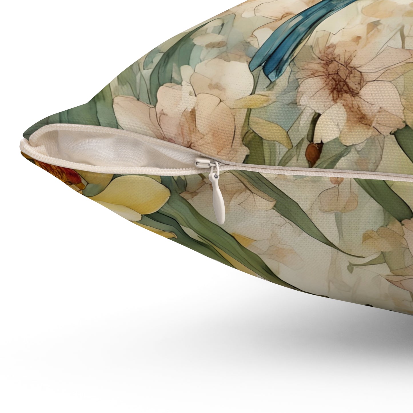Square Pillow - Yellow Bird Sitting on a Bush - Pastel Tones - Fairyhill Studio Art