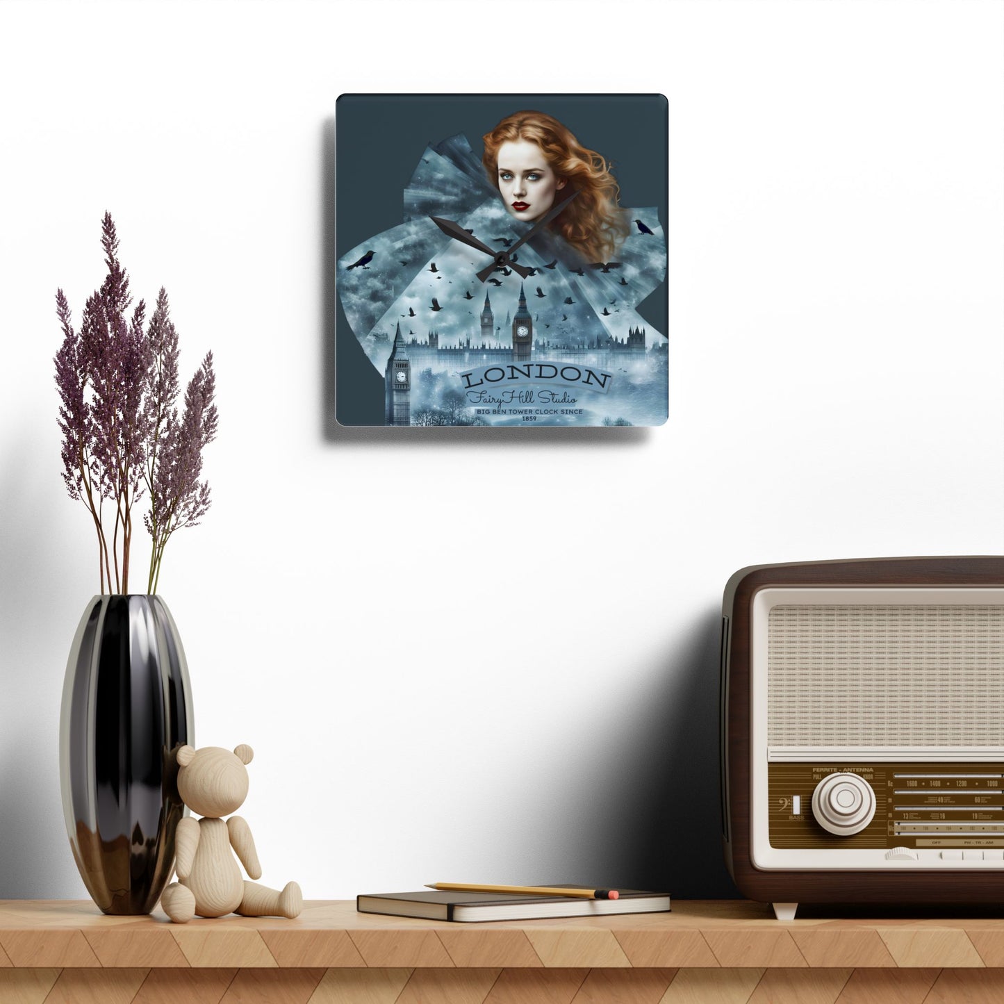 Acrylic Wall Clock -A girl in a London city skyline at night