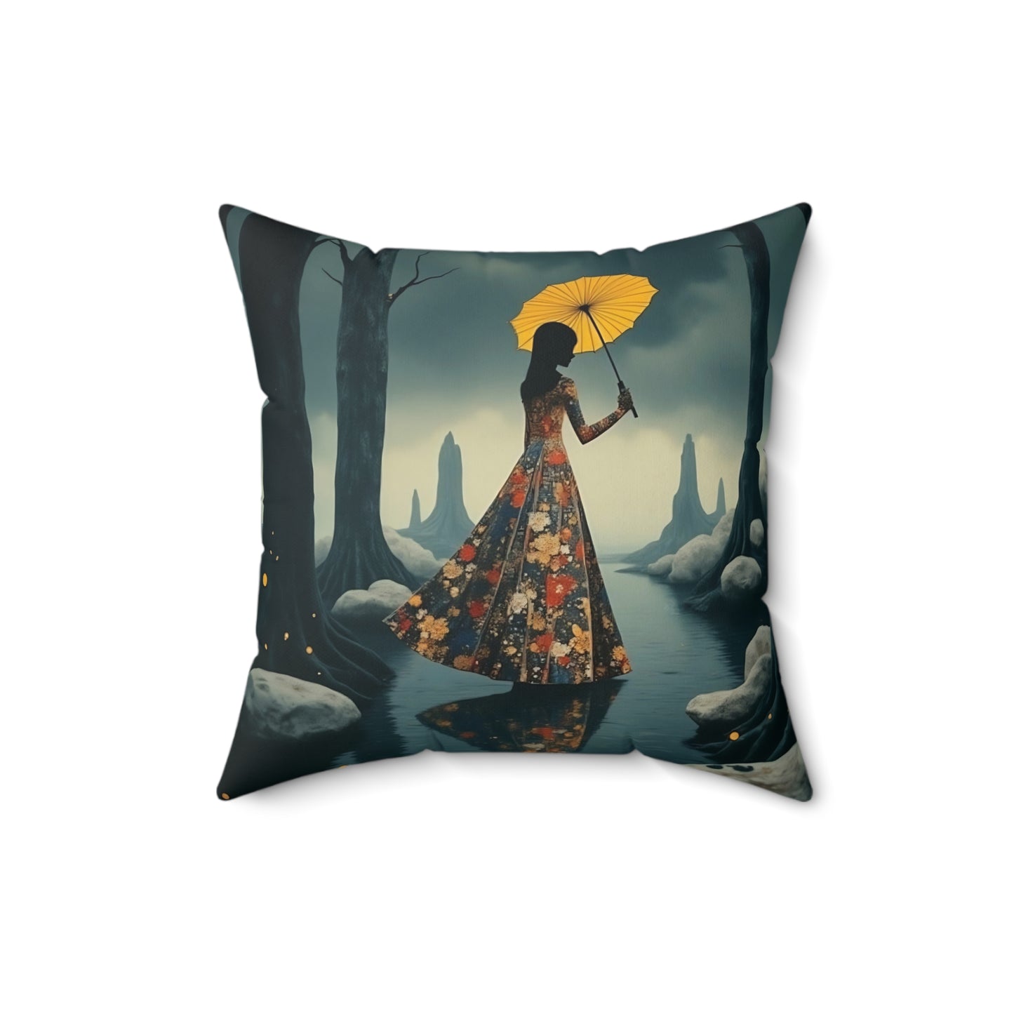 Yellow umbrella Square Pillow - by Fairyhill Studio