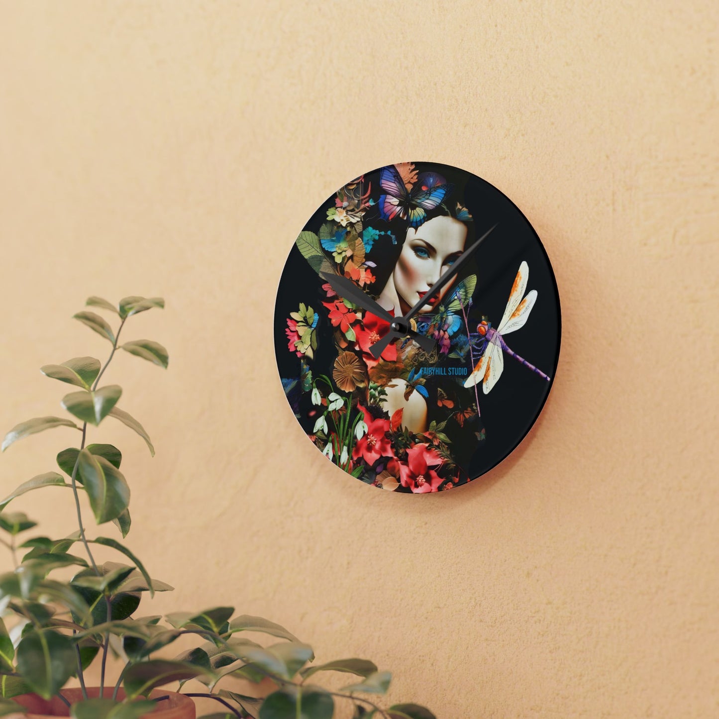 Acrylic Wall Clock -Lady in Nature with a Dragonfly /Art
