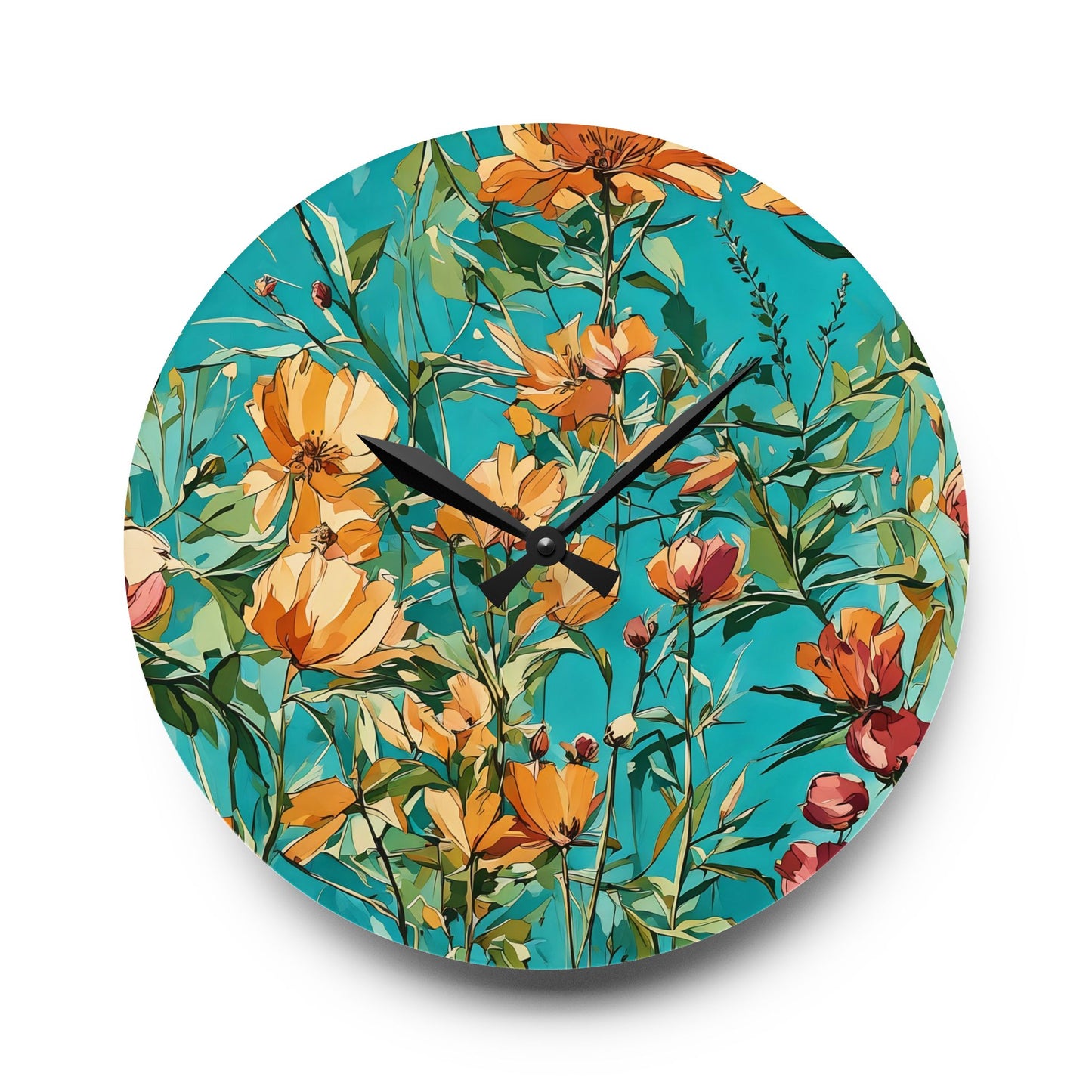 Acrylic Wall Clock - Peach and Orange Wild Flowers on Aqua Background by Fairyhill Studio