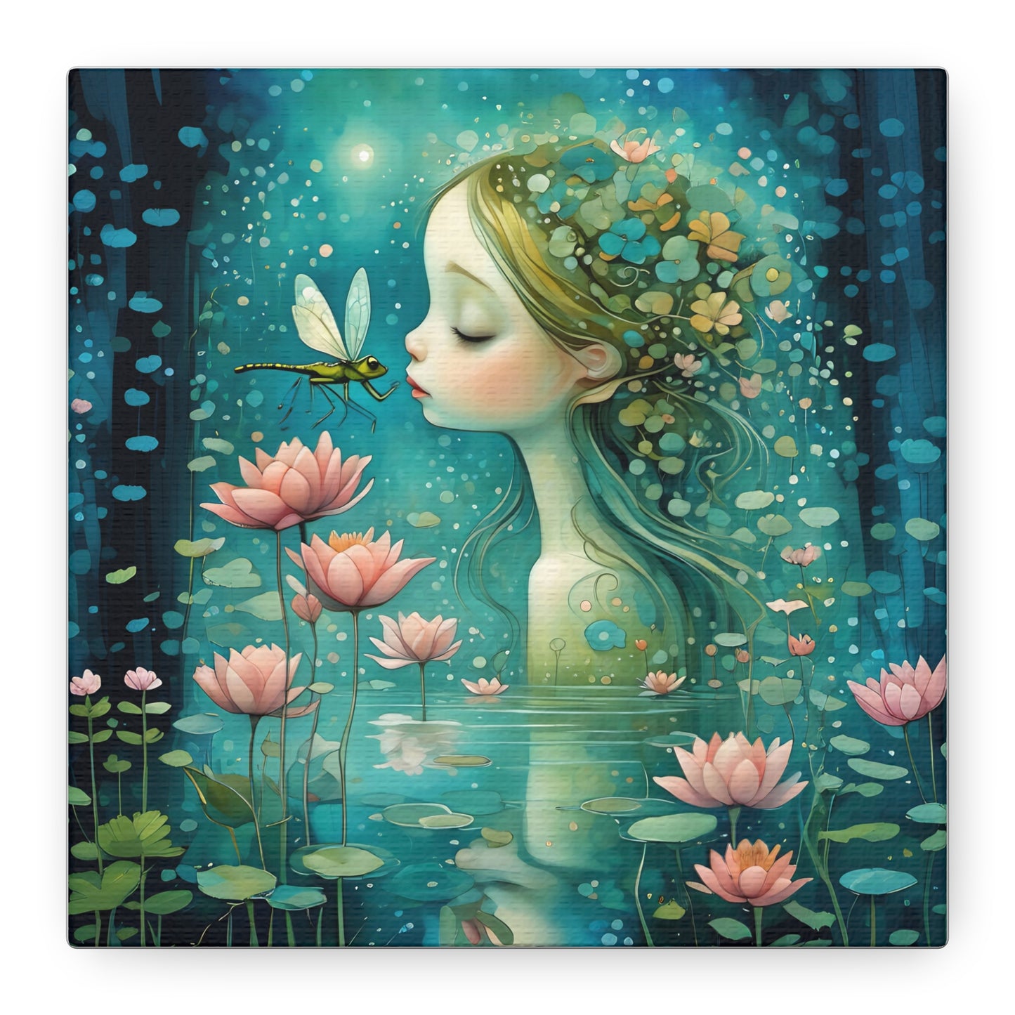 Whimsical Water  Fairy with a dragonfly Canvas Art - Enchanting Home Decor for Nature Lovers