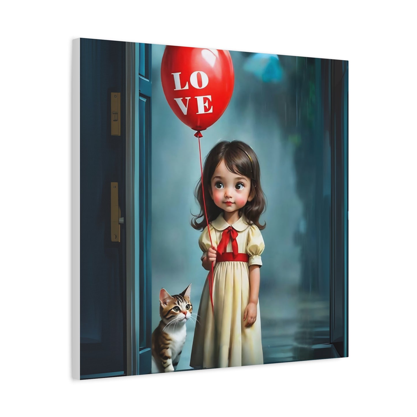 Canvas Print - Cute Girl with Red Love Balloon and Cat Art by Fairyhill Studio