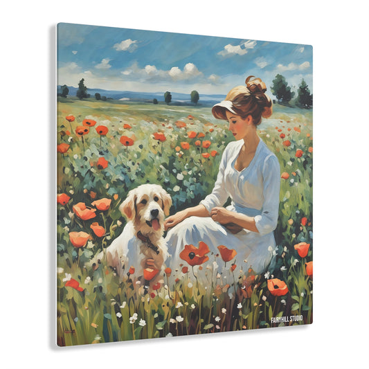 Acrylic Prints - Lady with Dog in Poppy Field Oil Art Inspirational Wall Decor