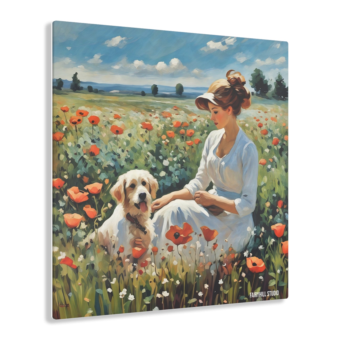 Acrylic Prints - Lady with Dog in Poppy Field Oil Art Inspirational Wall Decor