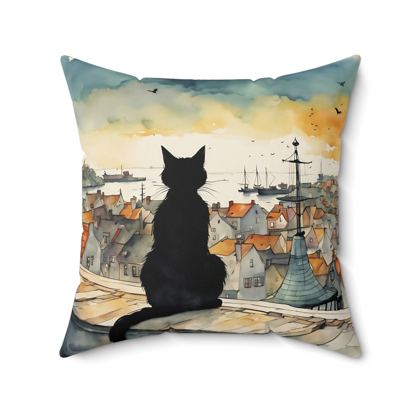 Black cat on a balcony Square Pillow - by Fairyhill Studio