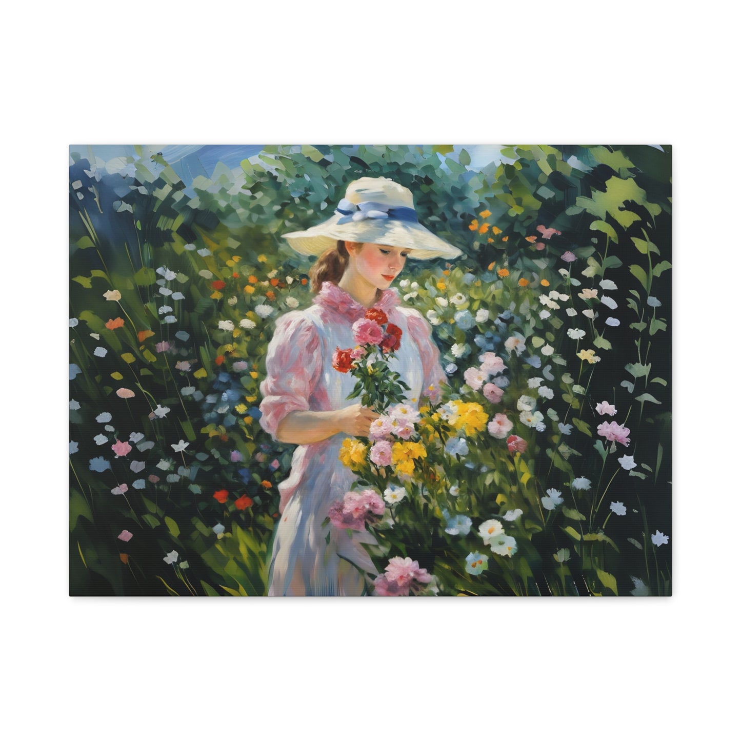 Canvas Art - Monet Style Floral Serenity with Elegant Woman and Flower Basket, Stretched Matte 1 25"