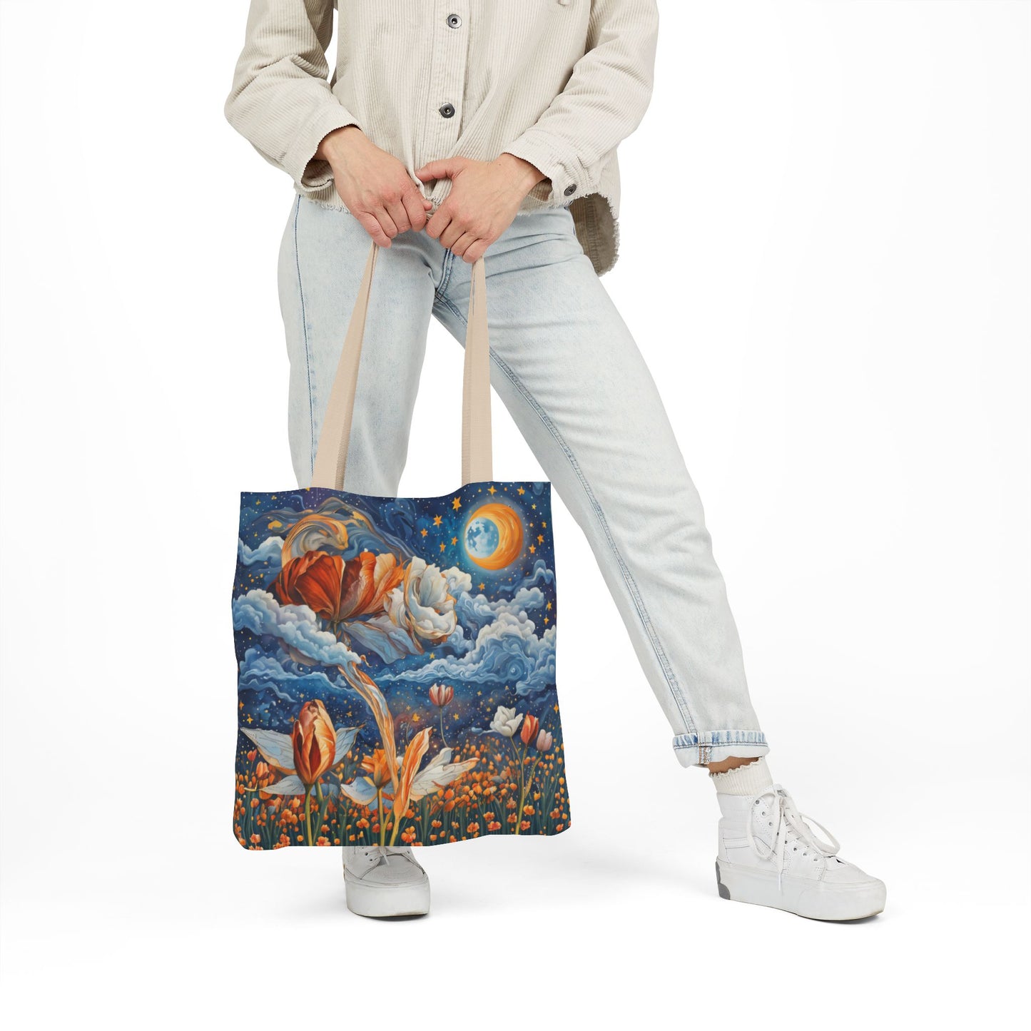 Colorfui Celestial Tulips -Inspired Canvas Tote Bag - Perfect for Beach Days, Eco-Friendly Shopping, and Summer Fun!