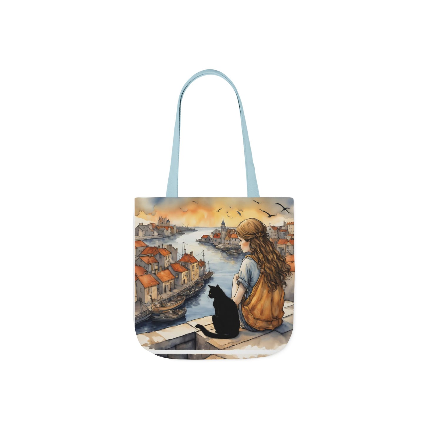 Girl with a Black cat on a roof top FairyHill Studio Red phone- Canvas Tote Bag - Perfect for Beach Days, Eco-Friendly Shopping, and Summer Fun!