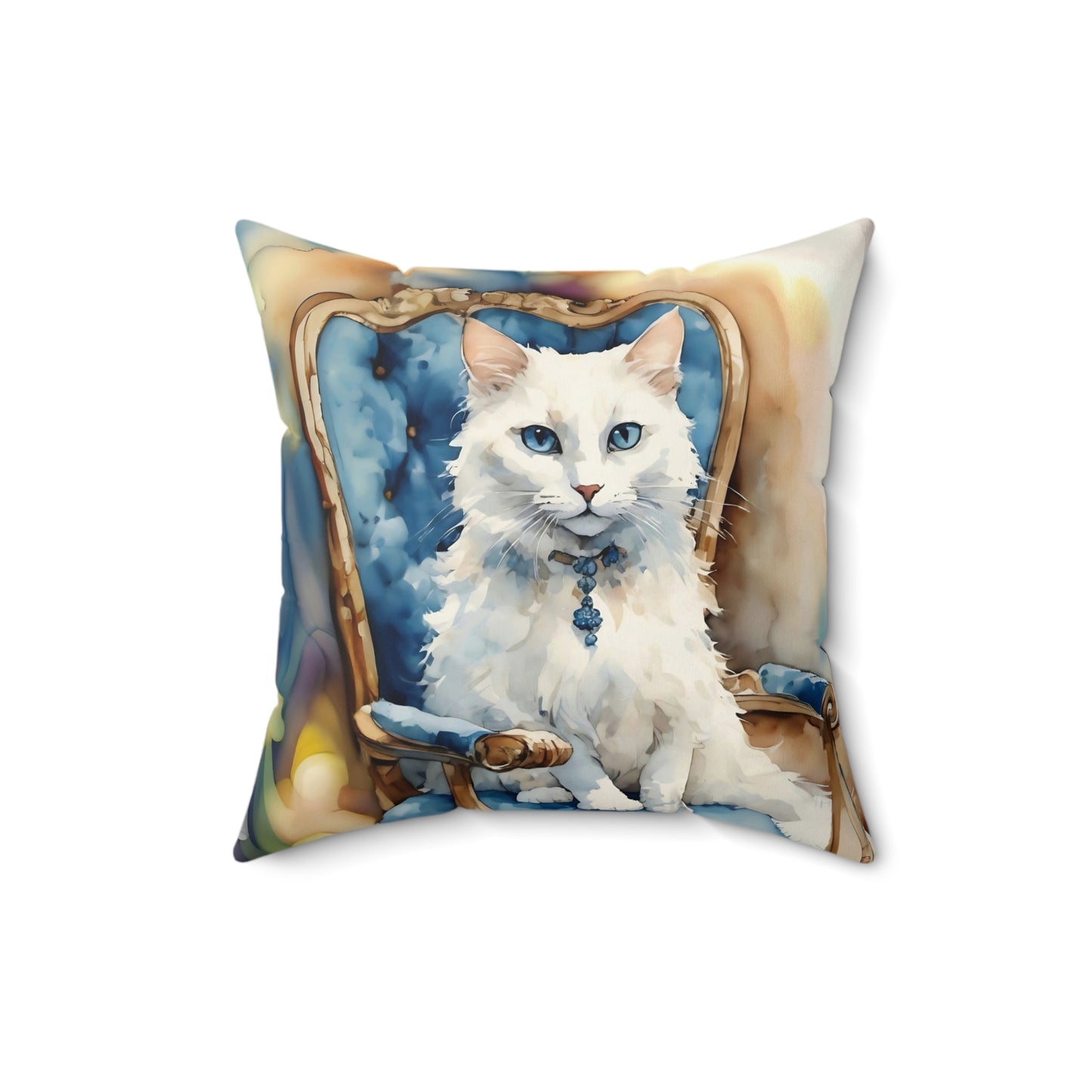 Square Pillow Adorable White Cat with Blue Eyes Art by Fairyhill Studio