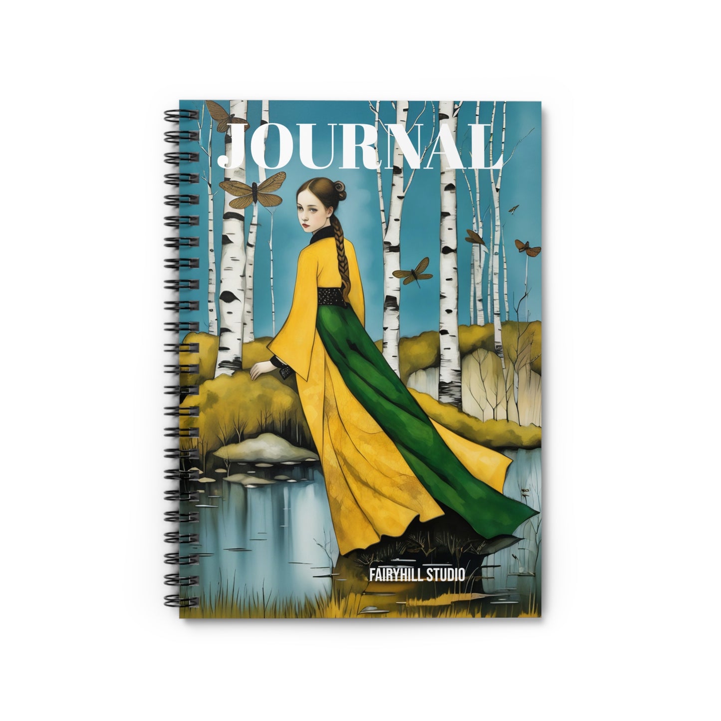 Spiral Notebook - Enchanted Lake birch tree forest and a lake Girl with a Dragonfly