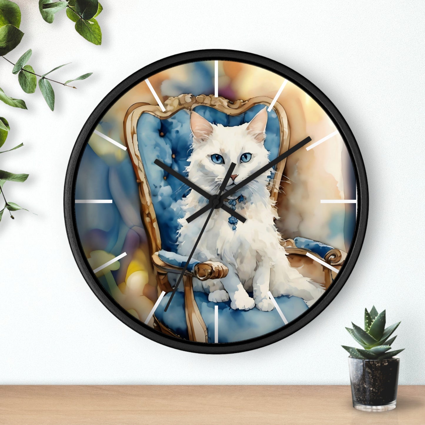 Fairy Hill Studio" White cat " Wall Clock