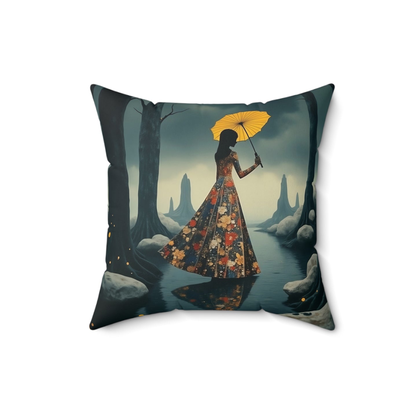 Yellow umbrella Square Pillow - by Fairyhill Studio