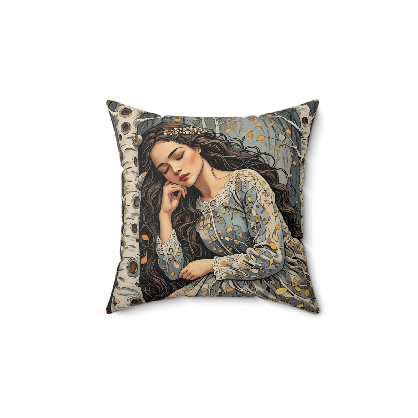 Square Pillow - Sleeping Beauty of the Birch Forest Fairy Hill Studio Art Design