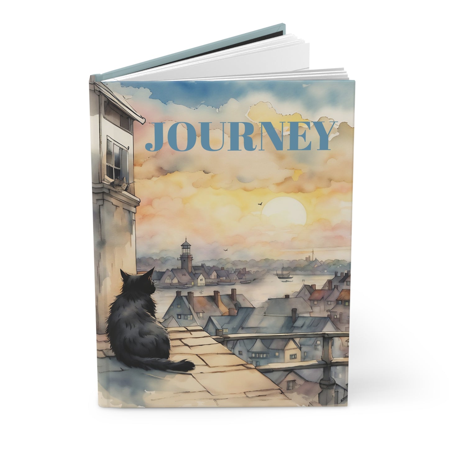 Black cat on a roof top hard cover Journal hard Cover ,Notebook gift art Matte