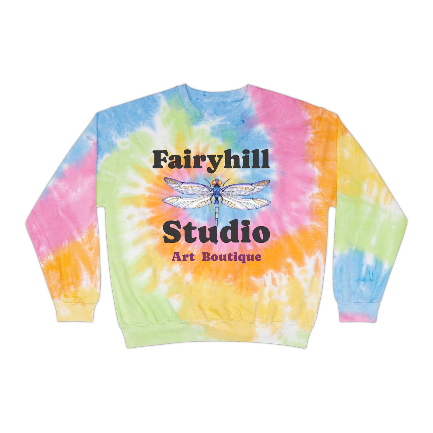 Fairyhill Studio Tie-Dye Sweatshirt, Artistic Sweatshirt, Cozy Fashion, Unique Gift, Dragonfly Design, Unisex Apparel