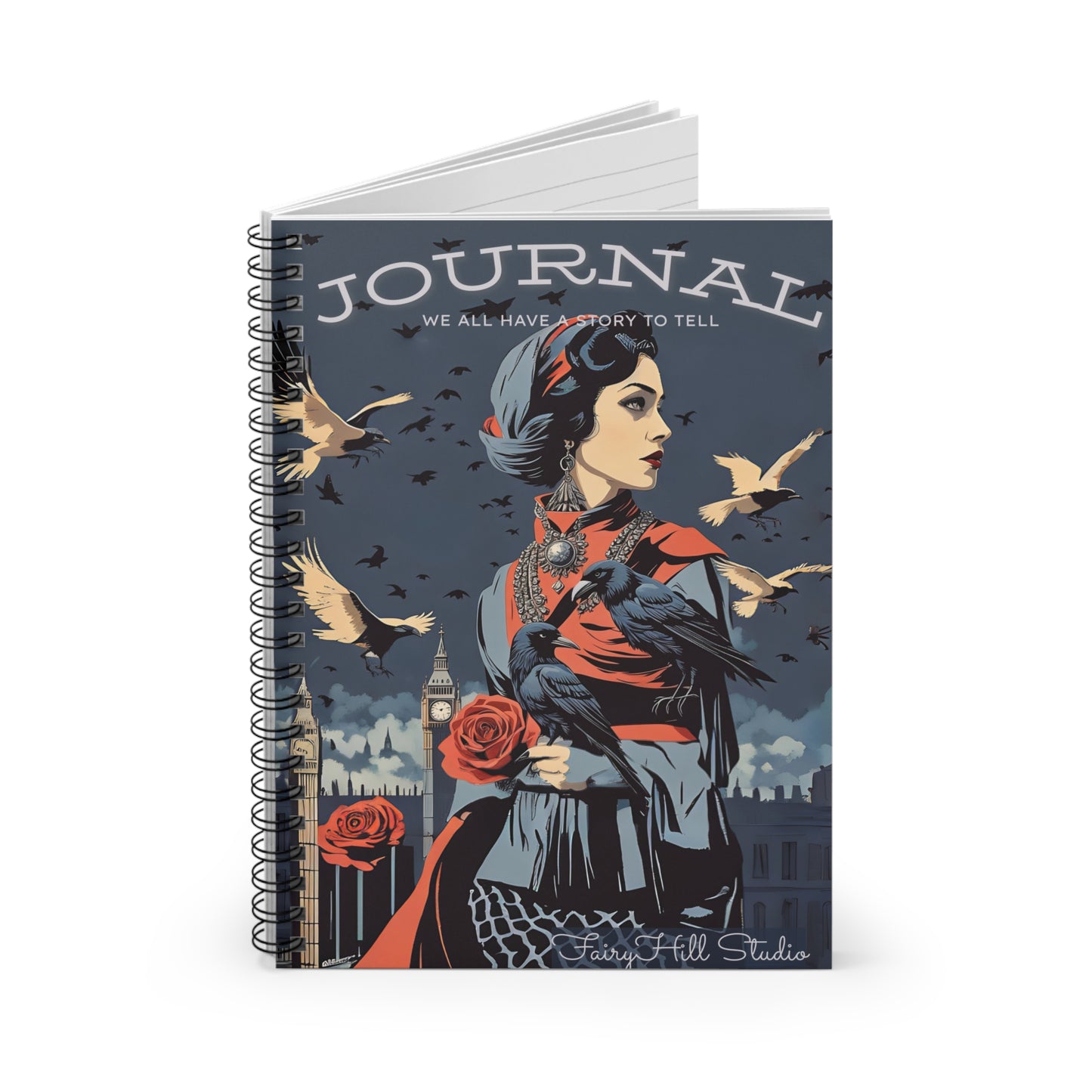 Ruled Line Spiral Notebook - Vintage Model with Crows in London Journal