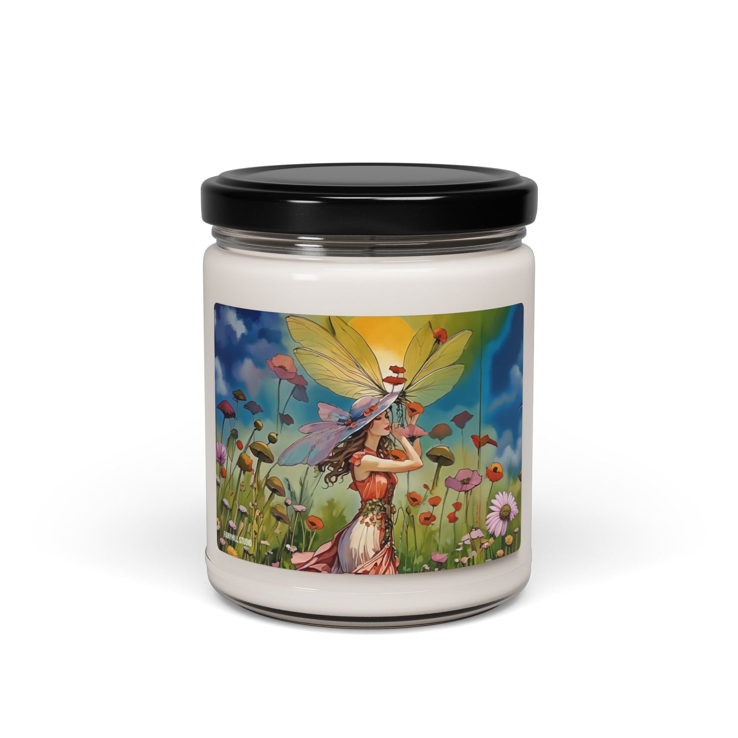 Soy Candle Art of a girl with summer hat in summer gathering flowers