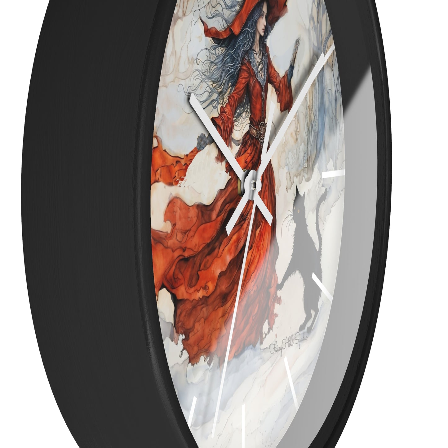 Crimson Witch with black cat Wall Clock, Boho Home Decor, Cat Lover Gift, Cozy Living Room Accessory, Unique Cat Artwork