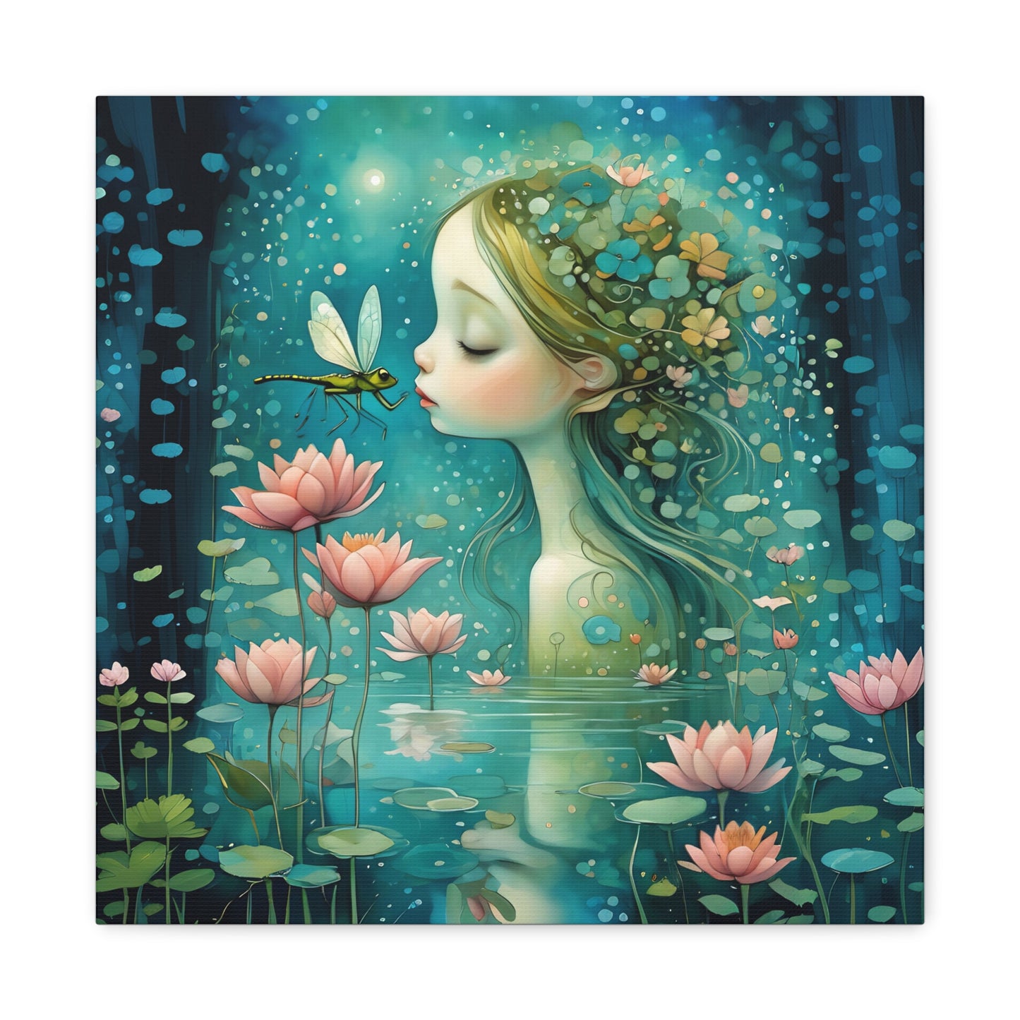 Whimsical Water  Fairy with a dragonfly Canvas Art - Enchanting Home Decor for Nature Lovers