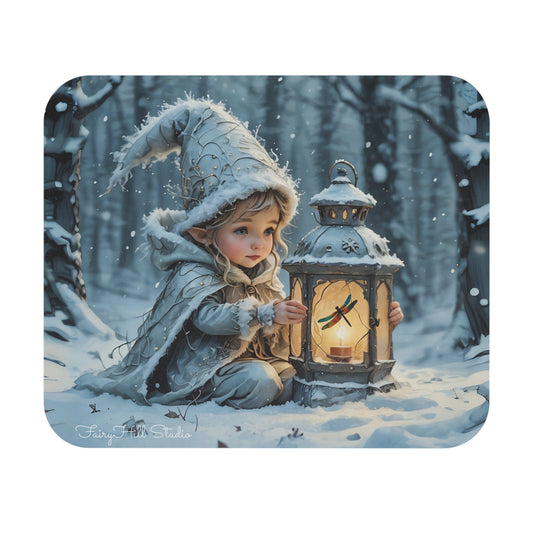 Mouse Pad - Cute Elf with Lantern in Winter Snow FairyHill Studio Art