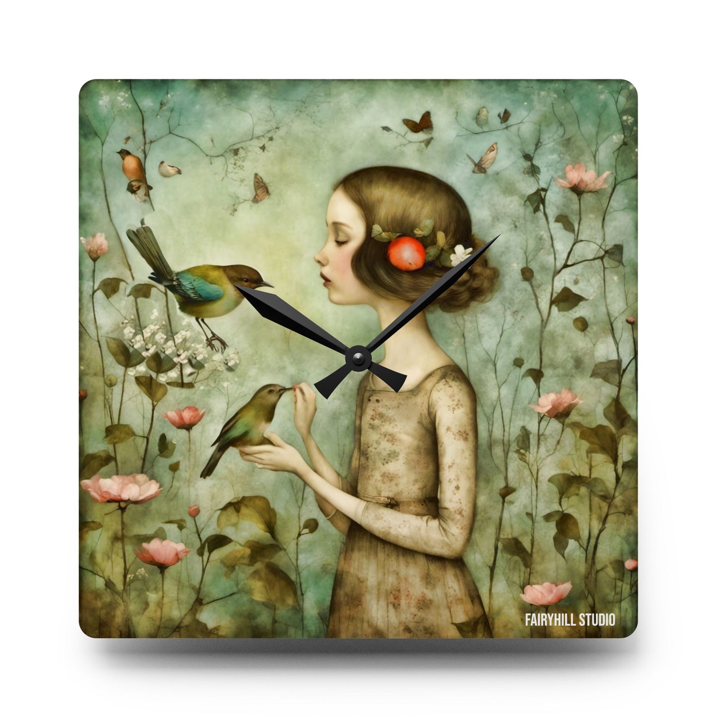 Acrylic Wall Clock - Meditative Girl with Song Birds Artwork