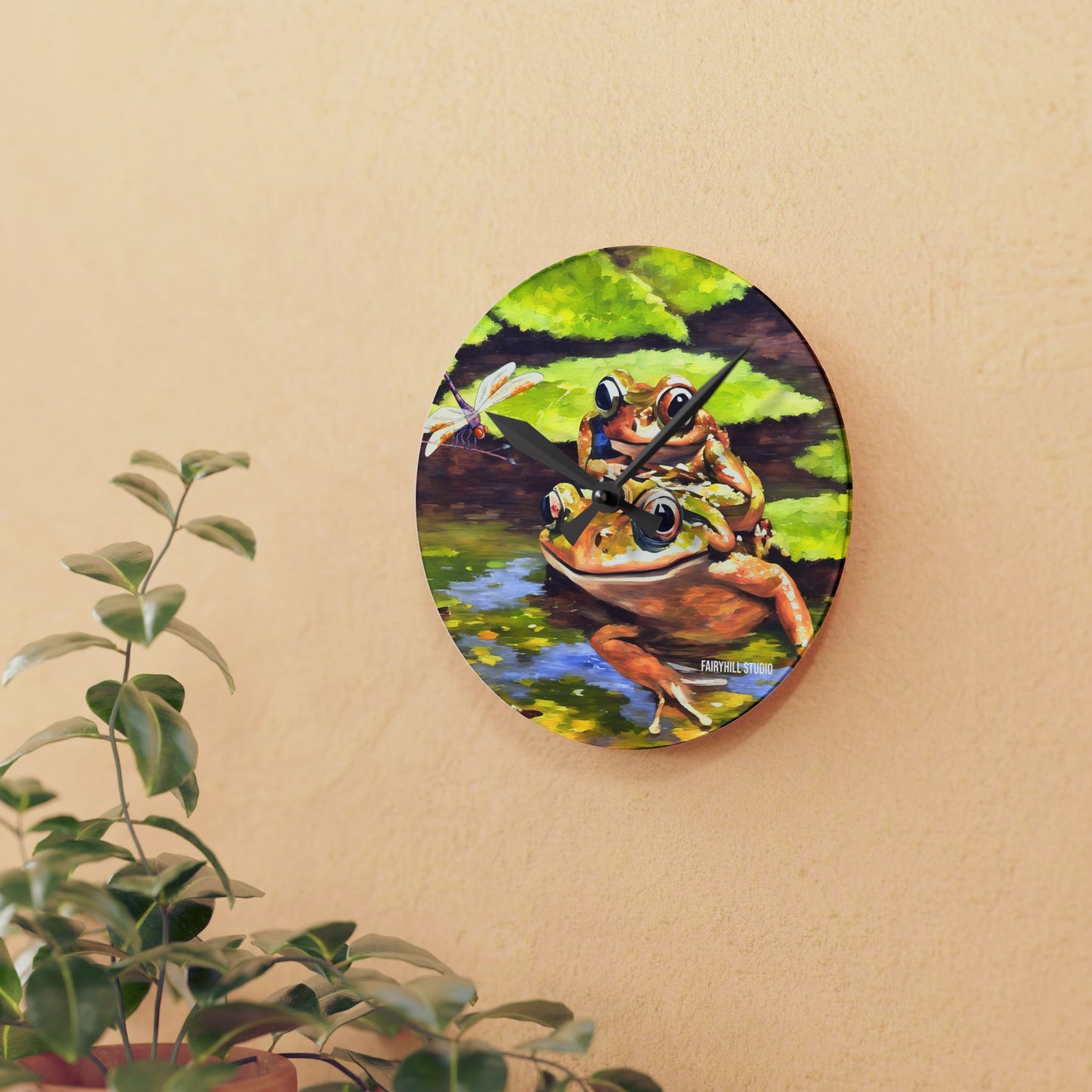 Wall Clock - Frogs and a Dragonfly in a Pond Acrylic Wall Clock