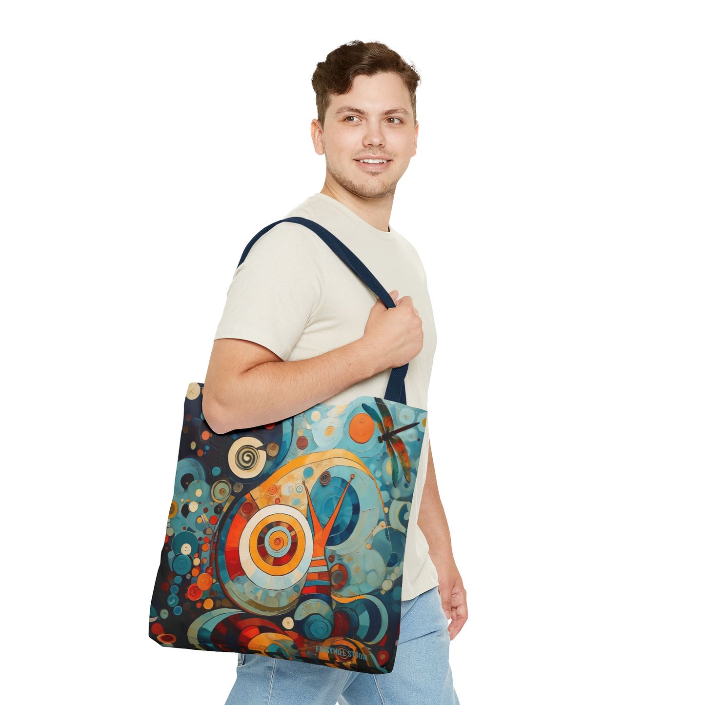 Canvas tote bag Art - Abstract Colorful Snail Dragonfly Circle