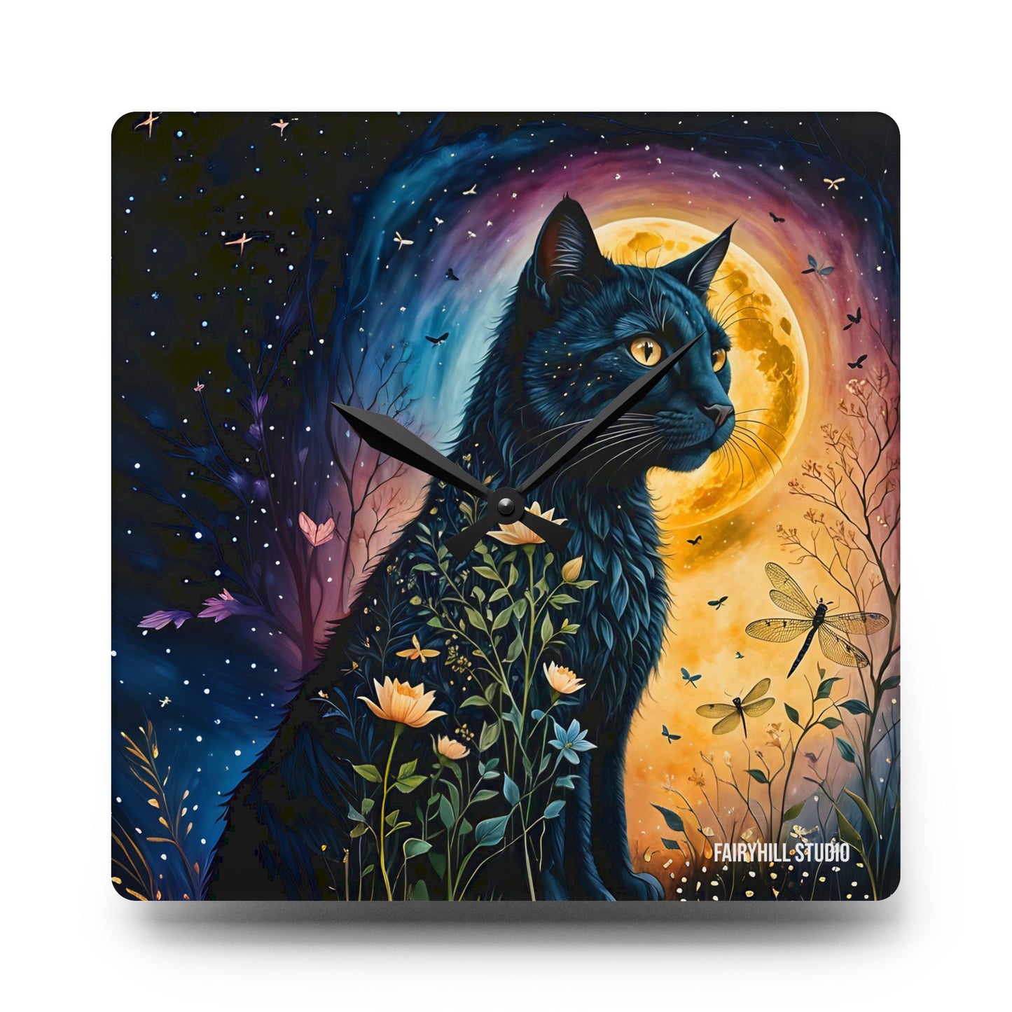 Acrylic Wall Clock - Black Cat Night Flowers Dragonflies Beautiful Art