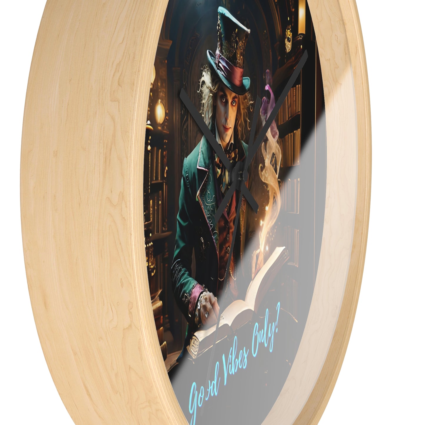 Wall Clock - "Good Vibes Only" Mad Hatter with Books Fairyhill Studio Art