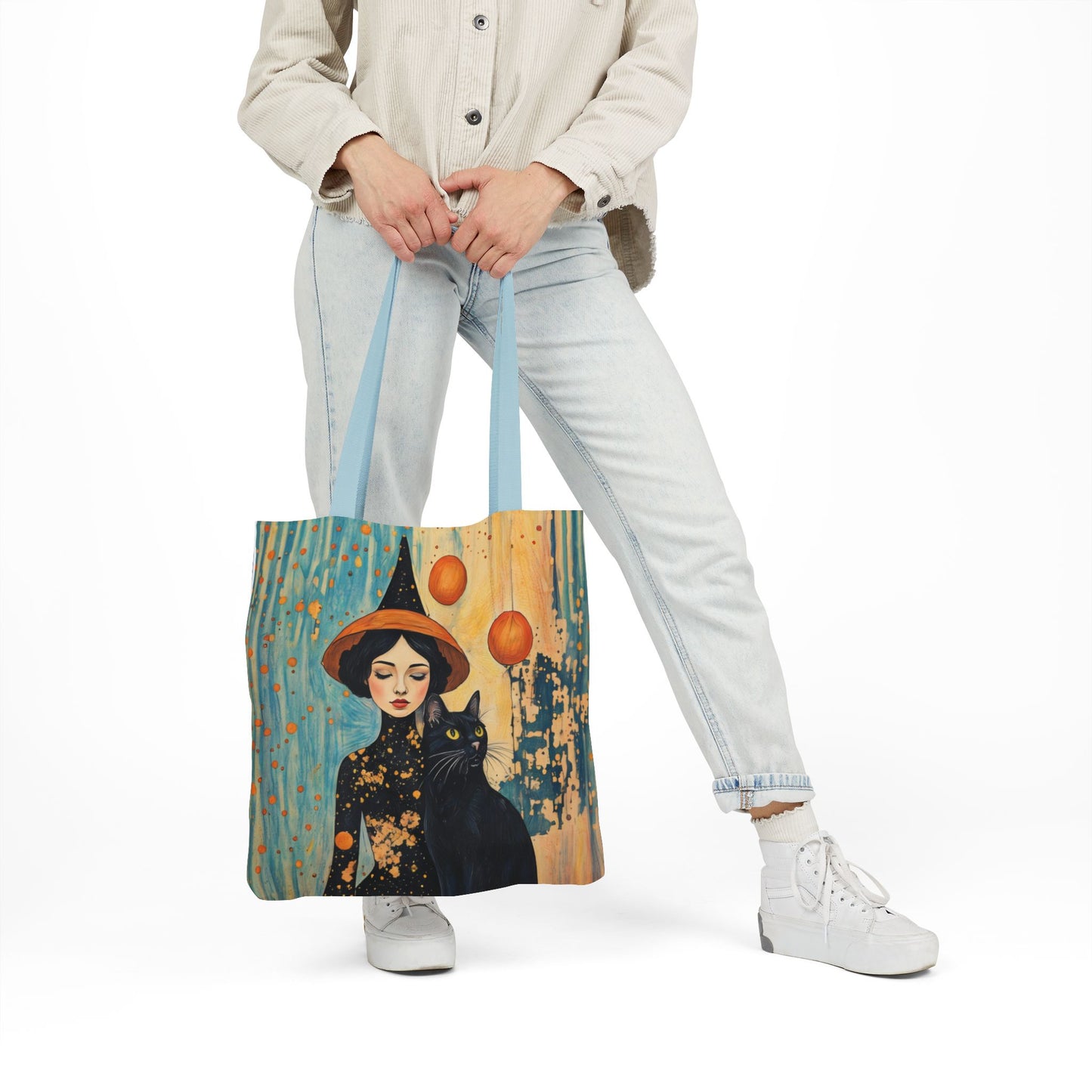 Colorful Witch and black cat-Inspired Canvas Tote Bag - Perfect for Beach Days, Eco-Friendly Shopping, and Summer Fun!